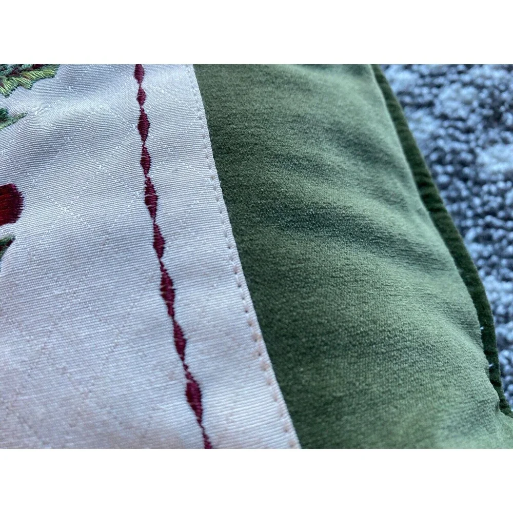 Vtg Cardinal Throw Pillow Christmas Holiday Decor 13” Green Velvet Embroidered